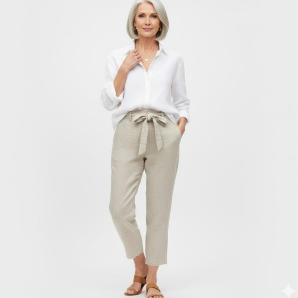 Chico's Cream/Beige 100% Linen Belted‎ Straight Leg Pants size 10